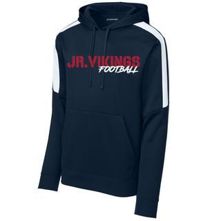 Seaman Jr Vikings Stencil Grit Football fan favorite hoodie in true navy with white shoulder panels and red Jr Vikings Football logo front