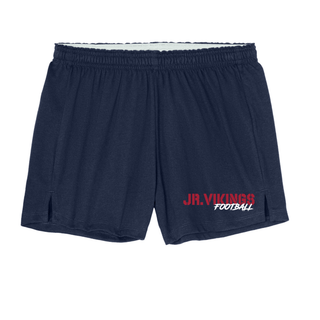 Seaman Jr Vikings Football jersey knit squad short in true navy with stencil Jr Vikings Football logo on left leg