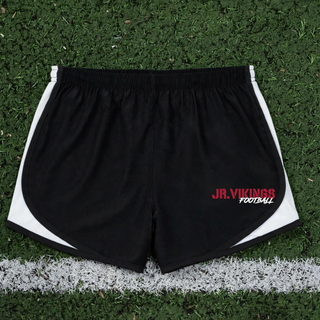 Black Seaman Jr. Vikings Stencil Grit Football Women's Cadence performance short flat lay with JR.VIKINGS stacked over stencil-style FOOTBALL lettering on the left leg