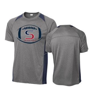 Heather grey and navy colorblock contender tee front and back views with seaman jr. vikings team football graphic
