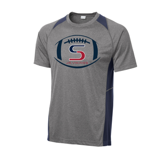 Heather grey and navy colorblock contender tee with seaman jr. vikings team football graphic on front, product shot
