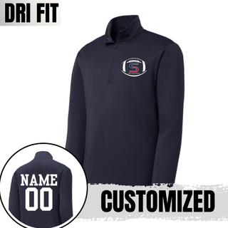 Navy dri-fit performance quarter zip with seaman jr. vikings team football graphic, back showing customized name and number
