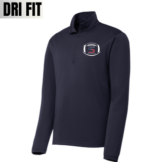 Navy dri-fit performance quarter zip with seaman jr. vikings team football graphic on left chest, product shot

