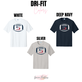 Dri-fit performance tee color chart in white, deep navy, and silver with seaman jr. vikings team football graphic
