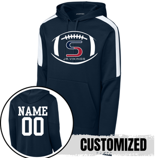 Navy and white colorblock fan favorite hoodie with seaman jr. vikings team football, back showing name and number
