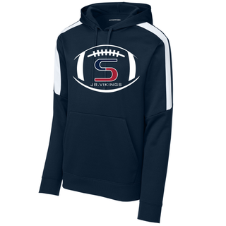 Navy and white colorblock fan favorite hoodie with seaman jr. vikings team football graphic on front

