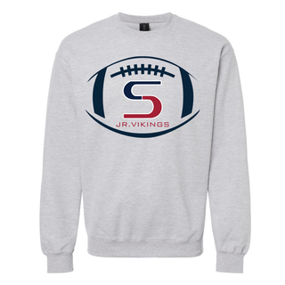 Ash grey crewneck with seaman jr. vikings team football graphic top design featuring s inside football logo
