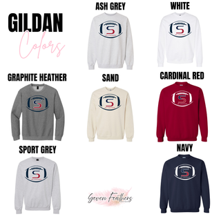 Gildan crewneck in ash grey, white, graphite heather, sand, cardinal red, sport grey, and navy with seaman jr. vikings
