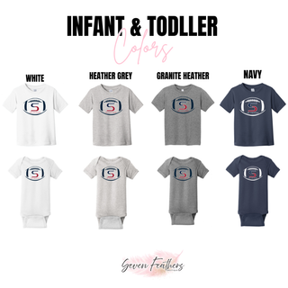 Infant and toddler tees and onesies in white, heather grey, granite heather, and navy with seaman jr. vikings football
