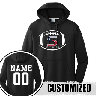 Black performance fleece hoodie with seaman jr. vikings team football graphic, back showing customized name and number
