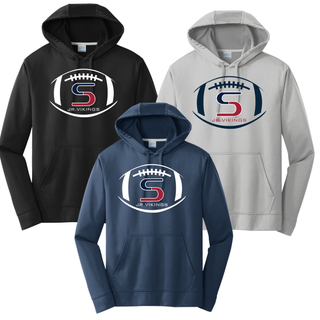 Black, silver, and navy performance fleece hoodies with seaman jr. vikings team football graphic design
