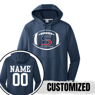 Navy performance fleece hoodie with seaman jr. vikings team football graphic, back showing customized name and number
