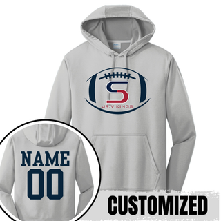 Silver performance fleece hoodie with seaman jr. vikings team football graphic, back showing customized name and number
