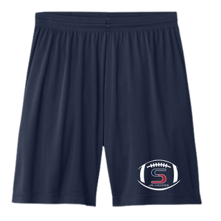 Navy performance shorts with seaman jr. vikings team football graphic on lower left leg, product flat
