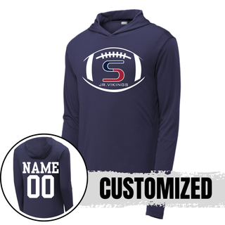 Navy posicharge competitor hoodie with seaman jr. vikings team football graphic, back showing customized name and number
