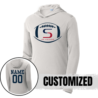Silver posicharge competitor hoodie with seaman jr. vikings team football graphic, back showing customized name and number

