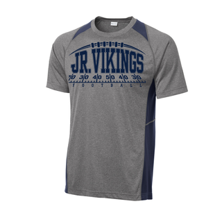 Seaman Jr. Vikings Yard Line logo on a heather and navy colorblock contender tee, front view