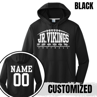 Seaman Jr. Vikings Yard Line logo on a black performance fleece hoodie with optional back name and number