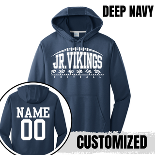 Seaman Jr. Vikings Yard Line logo on a deep navy performance fleece hoodie with optional back name and number