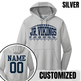 Seaman Jr. Vikings Yard Line logo on a silver performance fleece hoodie with optional back name and number
