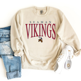 Seaman Vikings Arch Mascot crewneck sweatshirt in sand with red VIKINGS text and viking mascot