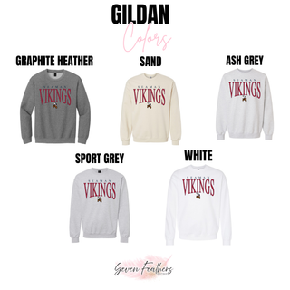 Seaman Vikings Arch Mascot Gildan sweatshirts in graphite heather, sand, ash grey, sport grey, and white