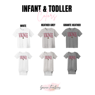 Seaman Vikings Arch Mascot infant onesies and toddler tees in white, heather grey, and granite heather