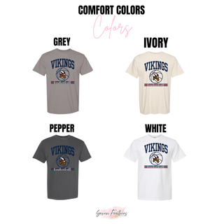 Seaman Vikings basketball mascot graphic on Comfort Colors tees in grey, ivory, pepper, and white