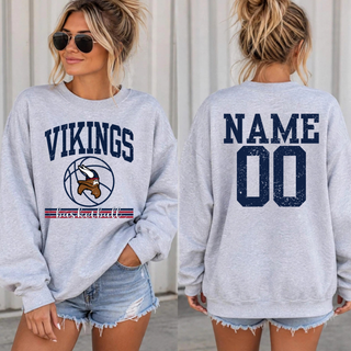 Heather grey sweatshirt with arched VIKINGS wordmark over a basketball graphic with viking mascot head icon on the front, and personalizable NAME and number on the back, Seaman Vikings basketball design