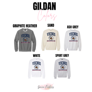 Seaman Vikings basketball mascot graphic on Gildan tees and sweatshirts in graphite heather, sand, ash grey, white, and sport grey