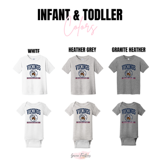 Seaman Vikings basketball mascot graphic on infant and toddler tees and bodysuits in white, heather grey, and granite heather