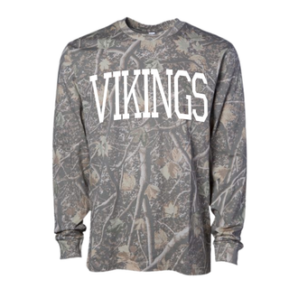 Seaman Vikings deadwood tree camo premium long sleeve with white collegiate arch vikings graphic on white background
