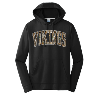 Black Port & Company Performance Fleece Hoodie with arched Vikings Realtree camo print and white outline