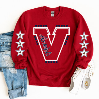 Seaman Vikings Cardinal Red Varsity V Top, crewneck flat lay with jeans and sneakers