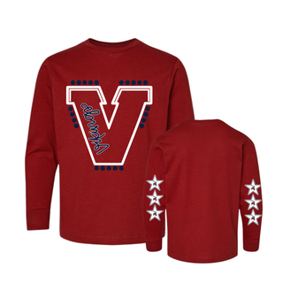 Seaman Vikings Cardinal Red Varsity V Top long sleeve tee, front and back view