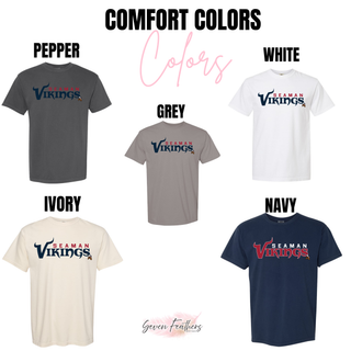 Seaman Vikings Champion Graphic Top Comfort Colors unisex tee in pepper, white, grey, ivory, and navy

