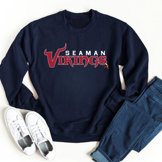 Seaman Vikings Champion Graphic Top in navy crewneck styled with jeans and white sneakers
