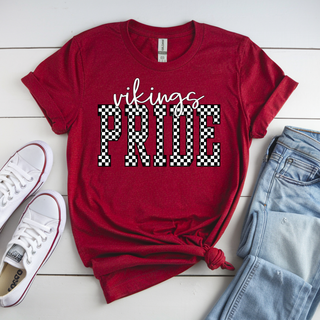 Cardinal red tee flat lay with Seaman Vikings checkered pride, black and white checker lettering, jeans, white sneakers
