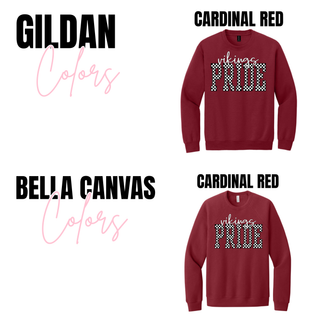 Gildan and Bella Canvas Seaman Vikings checkered pride crewneck color chart both available in cardinal red
