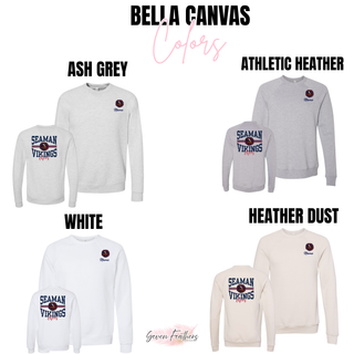 Seaman Vikings Cheer Arch Personalized Front and Back Top Bella Canvas fleece color options: Ash Grey, Athletic Heather, White, and Heather Dust