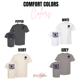 Seaman Vikings Cheer Arch Personalized Front and Back Top Comfort Colors options: Pepper, White, Ivory, and Grey