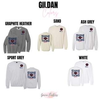 Seaman Vikings Cheer Arch Personalized Front and Back Top Gildan color options: Graphite Heather, Sand, Ash Grey, Sport Grey, and White