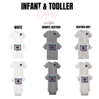 Seaman Vikings Cheer Arch Personalized Front and Back Top infant and toddler color options: White, Granite Heather, and Heather Grey