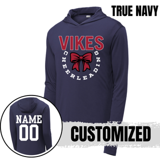 Seaman Vikings Cheer Bow Circle PosiCharge Competitor Hoodie in True Navy with VIKES Cheerleading bow circle design and customizable name and number on back