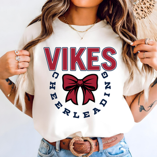 Seaman Vikings Cheer Bow Circle Top, VIKES lettering above a bow icon with CHEERLEADING arched in a circle, on a white tee