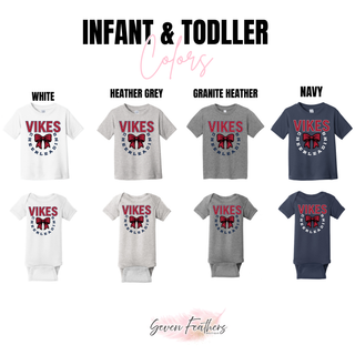 Seaman Vikings Cheer Bow Circle Top infant and toddler color options: White, Heather Grey, Granite Heather, and Navy