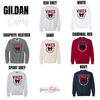 Seaman Vikings Cheer Bow Circle Top Gildan color options: Ash Grey, White, Graphite Heather, Sand, Cardinal Red, Sport Grey, and Navy