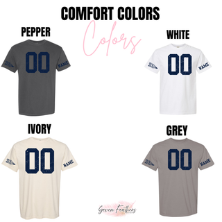 Seaman Vikings custom number jersey Comfort Colors color chart showing Pepper, White, Ivory, and Grey options