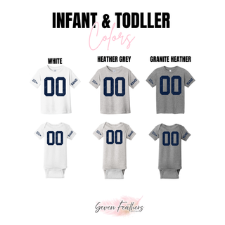 Seaman Vikings custom number jersey infant and toddler color chart showing White, Heather Grey, and Granite Heather options