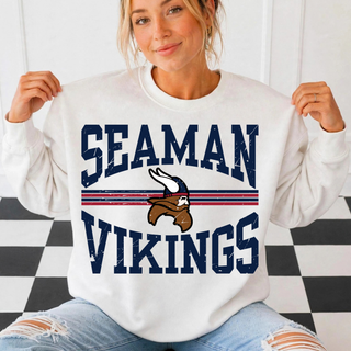 Seaman Vikings Distressed Arch Top - white crewneck with distressed Seaman Vikings mascot arch design
